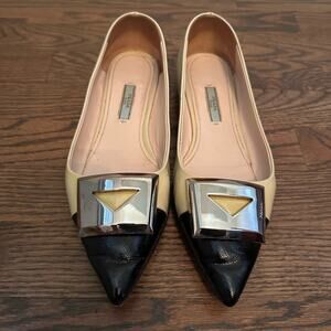 Prada patent leather pointed-toe ballet flats - Beige -Black Silver Size 8 (38)